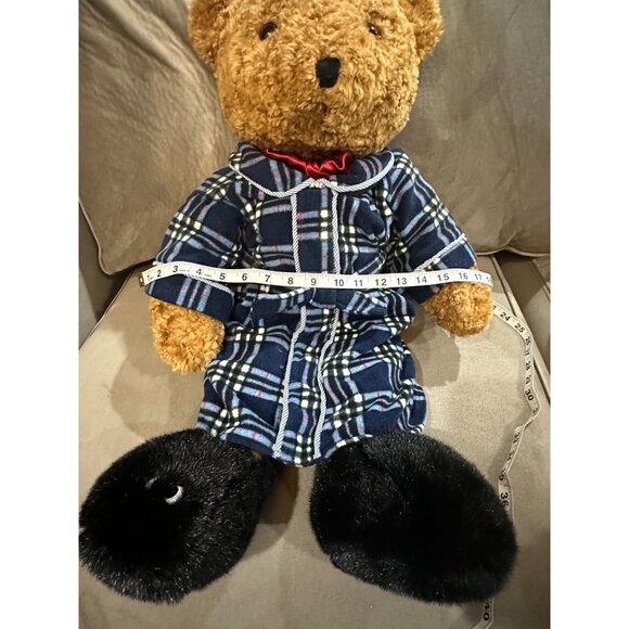 Plaid Pajama Teddy Bear Plush With Black Faux Fur Paws & Red Bow Tie 14 Inches - Picture 10 of 11